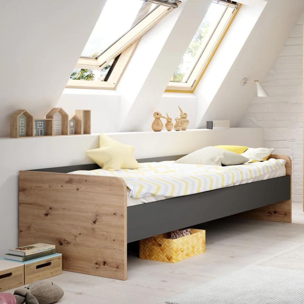 toscohome letto singolo con struttura in legno colore rovere e antracite - gap system