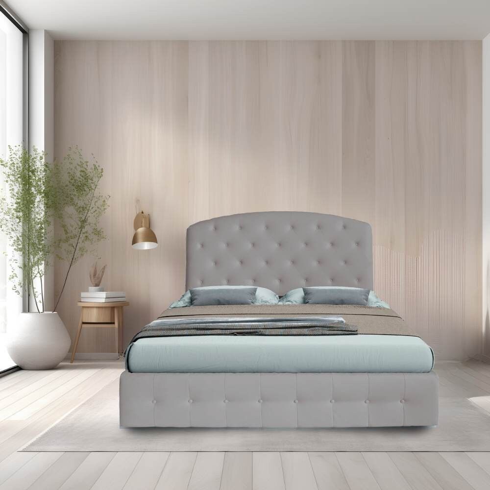 Toscohome Letto matrimoniale con contenitore e testiera curva colore grigio chiaro