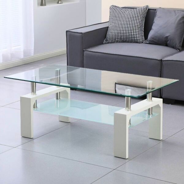toscohome tavolino da salotto 110x60 cm colore bianco con due ripiani in vetro - titania