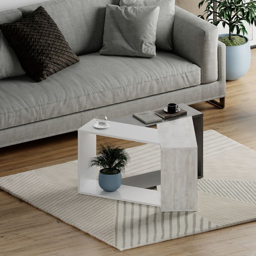 Toscohome Tavolino da salotto 100x52h cm in legno colore cemento, bianco e bianco vintage - Trio
