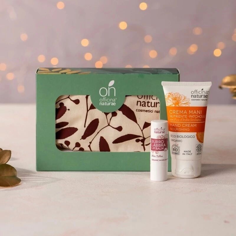 officina naturae idee regalo mini kit proteggimi patchouli e mou toffee per mani e labbra