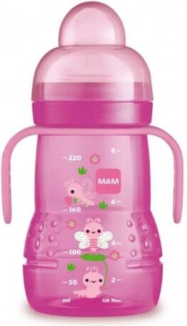 MAM Trainer Biberon rosa con tettarella e extra soft spout per imparare a bere dai 4 mesi 220 ml