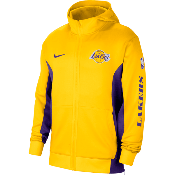 nike felpa con cappuccio e zip a tutta lunghezza los angeles lakers showtime  dri-fit nba – uomo - giallo