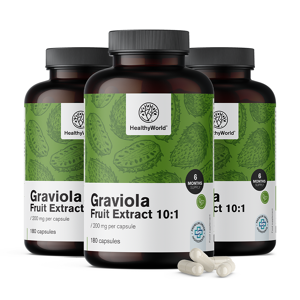 HealthyWorld 3x Graviola 200 mg – estratto 10:1, totale 540 capsule