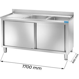 Lavello armadiato in acciaio inox con 2 vasche e gocciolatoio a sinistra L1700xP600xH850 mm linea premium