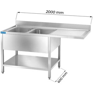 Lavello aperto in acciaio inox con vano per lavastoviglie con 2 vasche e gocciolatoio a destra L2000xP600xH850 mm linea premium