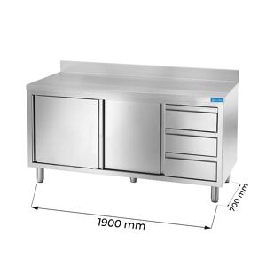 Tavolo armadiato in acciaio inox con 3 cassetti verticali a destra con alzatina L1900xP700xH850 mm linea premium