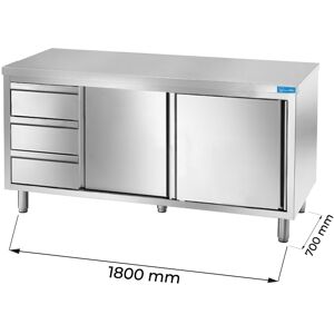 Tavolo armadiato in acciaio inox con 3 cassetti verticali a sinistra senza alzatina L1800xP700xH850 mm linea premium