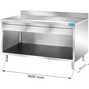 Tavolo a giorno in acciaio inox con 2 cassetti orizzontali con alzatina L1600xP700xH850 mm linea premium