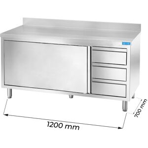 Tavolo armadiato in acciaio inox con 3 cassetti verticali a destra con alzatina L1200xP700xH850 mm linea basic