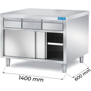 Tavolo armadiato in acciaio inox con 3 cassetti orizzontali senza alzatina L1400xP600xH850 mm linea basic