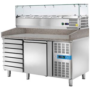 Banco pizzeria refrigerato con n° 1 porta EN 60x40 + 7 cassetti e vetrinetta portagusti per 7 bacinelle GN 1/4