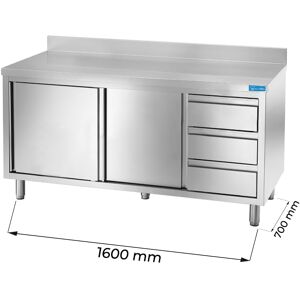 Tavolo armadiato in acciaio inox con 3 cassetti verticali a destra con alzatina L1600xP700xH850 mm linea basic