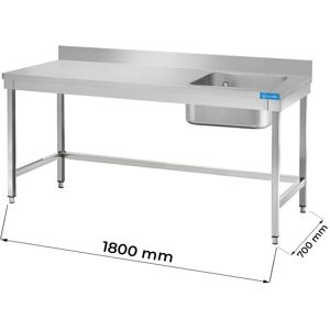 Tavolo aperto in acciaio inox con vasca a destra senza ripiano con alzatina L1800xP700xH850 mm linea basic