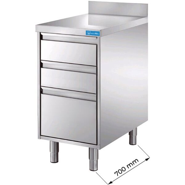 cassettiera in acciaio inox con 2 cassetti + 1 cassettone e top di lavoro con alzatina l500xp700xh850 mm linea premium