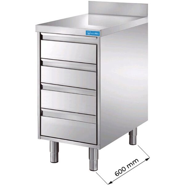 cassettiera in acciaio inox con 4 cassetti e top di lavoro con alzatina l500xp600xh850 mm linea premium