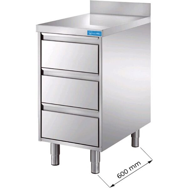 cassettiera in acciaio inox con 3 cassetti e top di lavoro con alzatina l500xp600xh850 mm linea premium