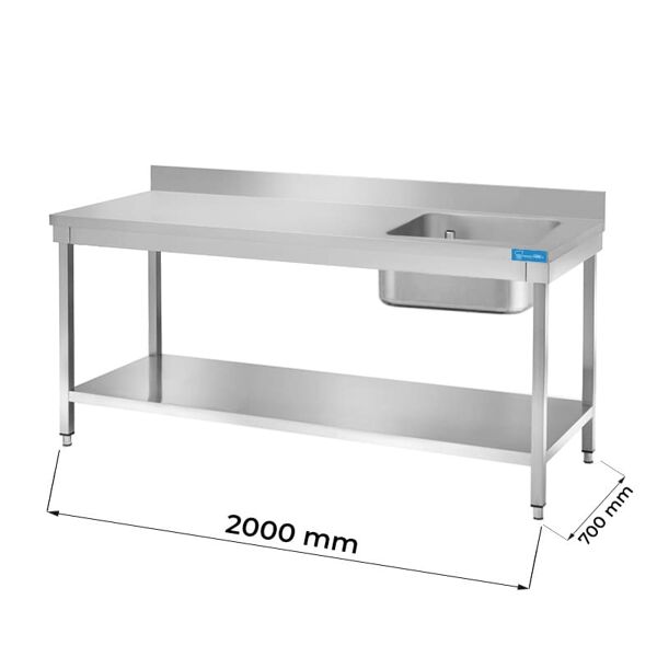 tavolo aperto in acciaio inox con vasca a destra con ripiano con alzatina l2000xp700xh850 mm linea basic