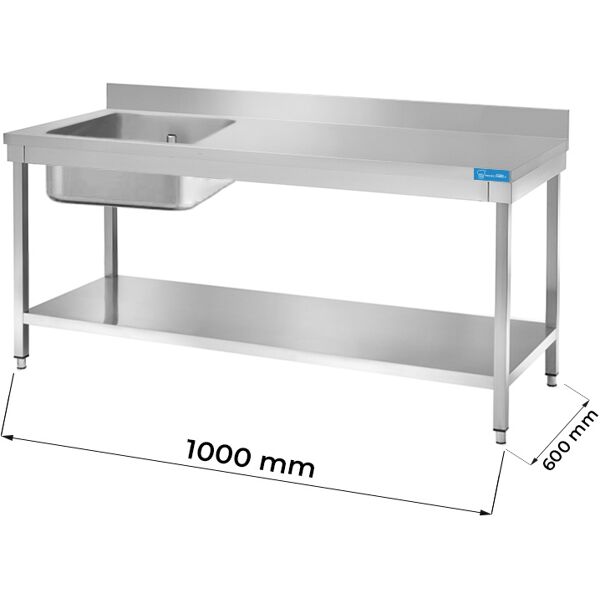 tavolo aperto in acciaio inox con vasca a sinistra con ripiano con alzatina l1000xp600xh850 mm linea premium