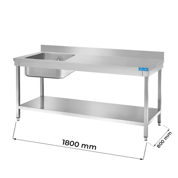 tavolo aperto in acciaio inox con vasca a sinistra con ripiano con alzatina l1800xp800xh850 mm linea basic