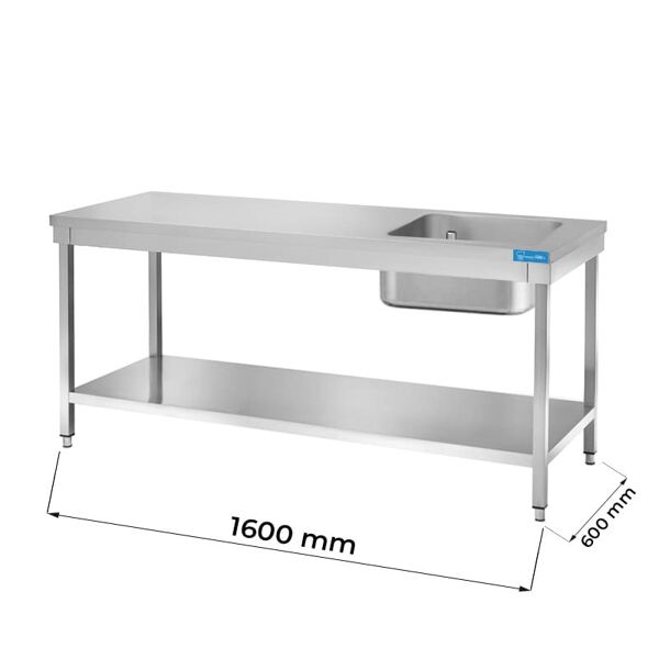 tavolo aperto in acciaio inox con vasca a destra con ripiano senza alzatina l1600xp600xh850 mm linea basic