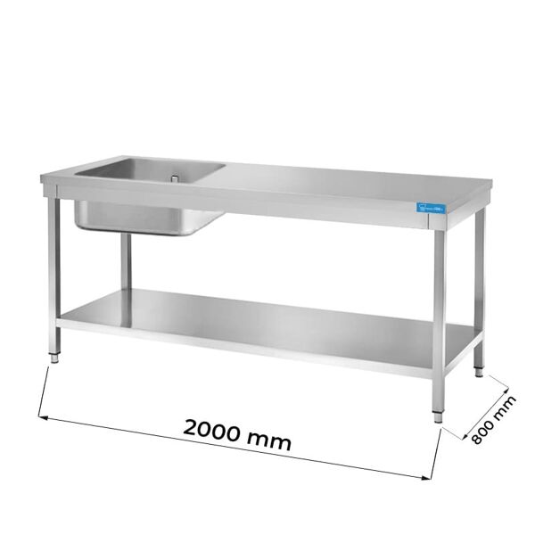 tavolo aperto in acciaio inox con vasca a sinistra con ripiano senza alzatina l2000xp800xh850 mm linea basic