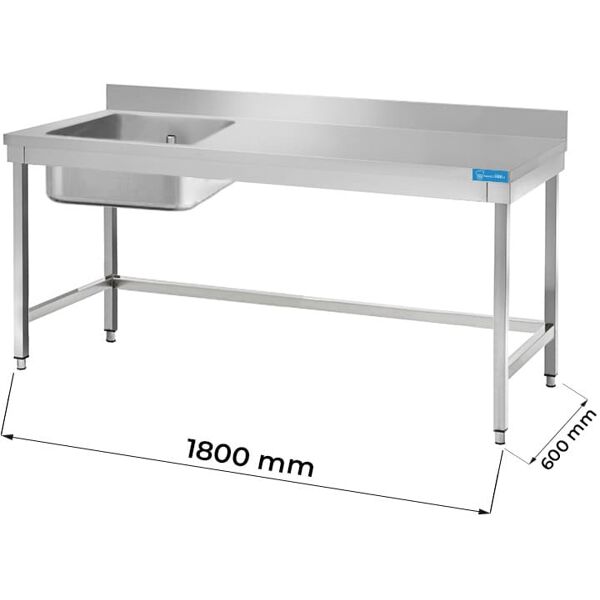 tavolo aperto in acciaio inox con vasca a sinistra senza ripiano con alzatina l1800xp600xh850 mm linea premium