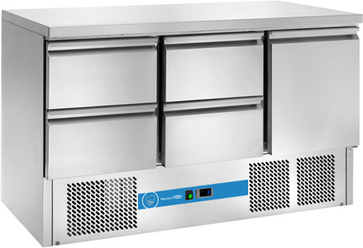 saladette a refrigerazione statica con n° 1 porta + n° 4 cassetti e piano in acciaio inox temp da +2°c a +8°c