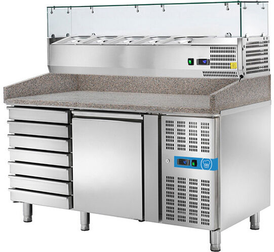 banco pizzeria refrigerato con n° 1 porta en 60x40 + 7 cassetti e vetrinetta portagusti per 5 bacinelle gn 1/3 + 1 bacinella gn 1/2