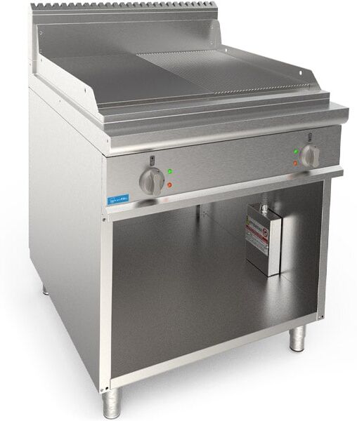 fry-top professionale elettrico con piastra doppia ½ liscia + ½ rigata su vano a giorno