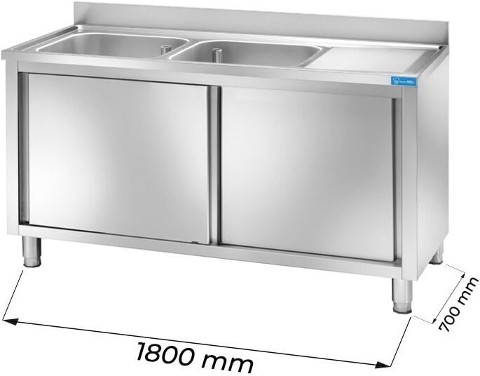 Lavello armadiato in acciaio inox con 2 vasche e gocciolatoio a destra L1800xP700xH850 mm linea basic