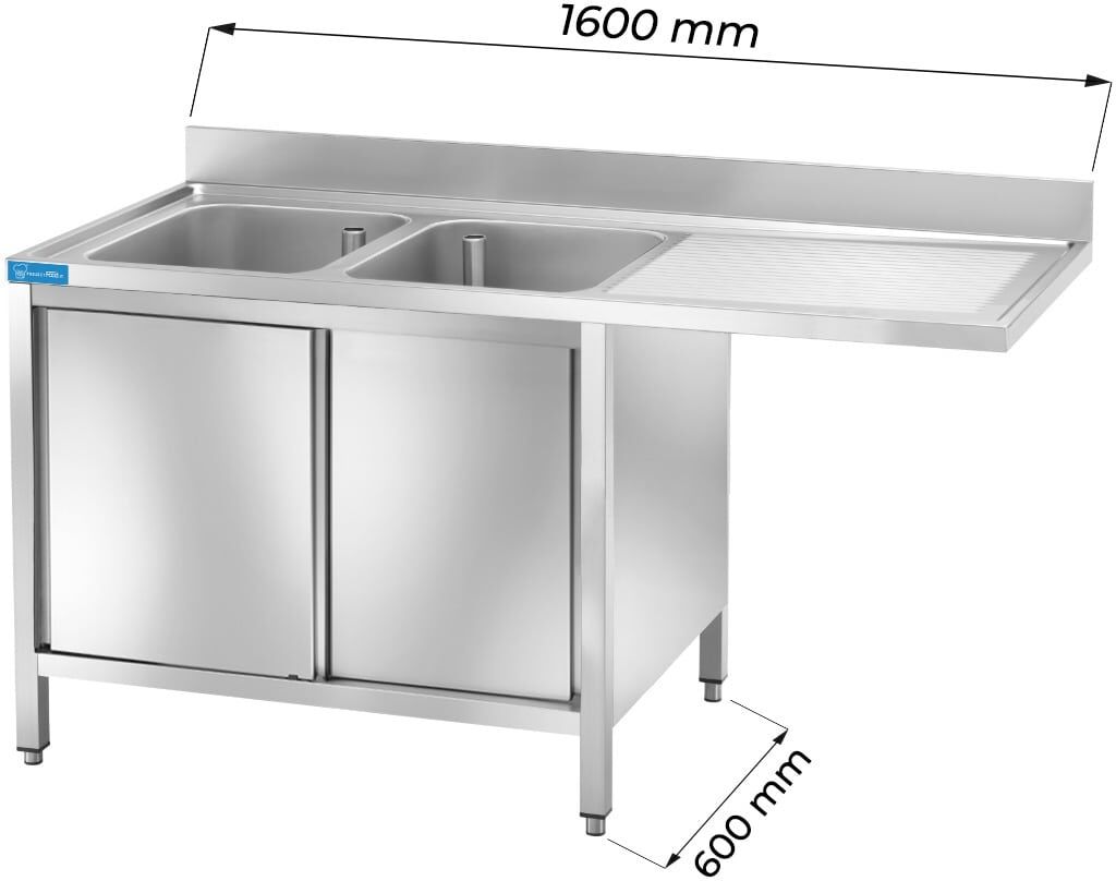 Lavello armadiato in acciaio inox con vano per lavastoviglie con 2 vasche e gocciolatoio a destra L1600xP600xH850 mm linea basic