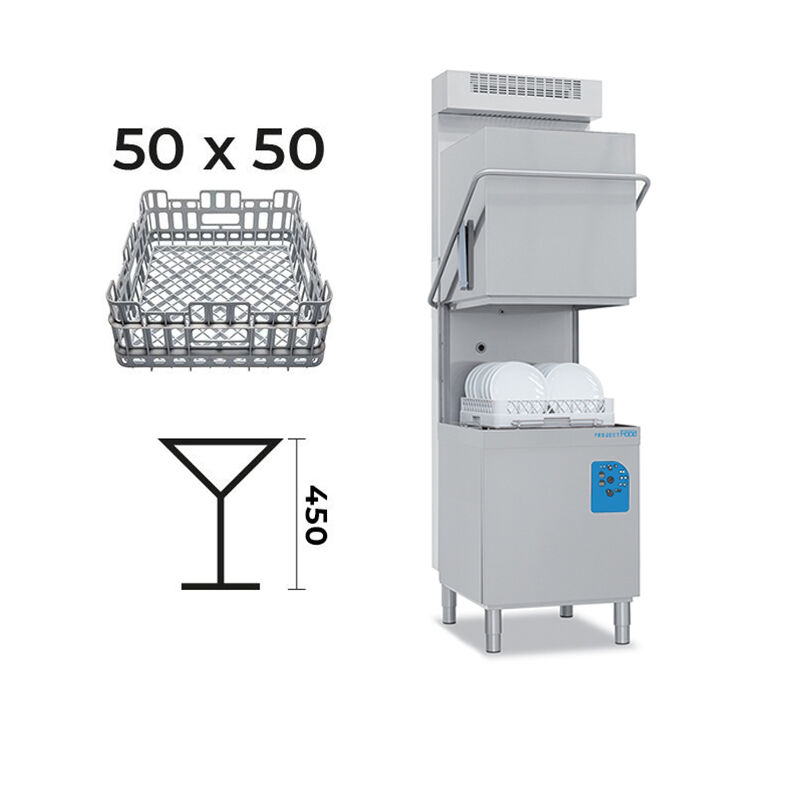 Lavastoviglie elettronica a capotta con recuperatore di calore con cestello 50x50 cm e bracci inox completa di dosatori + pompa di scarico