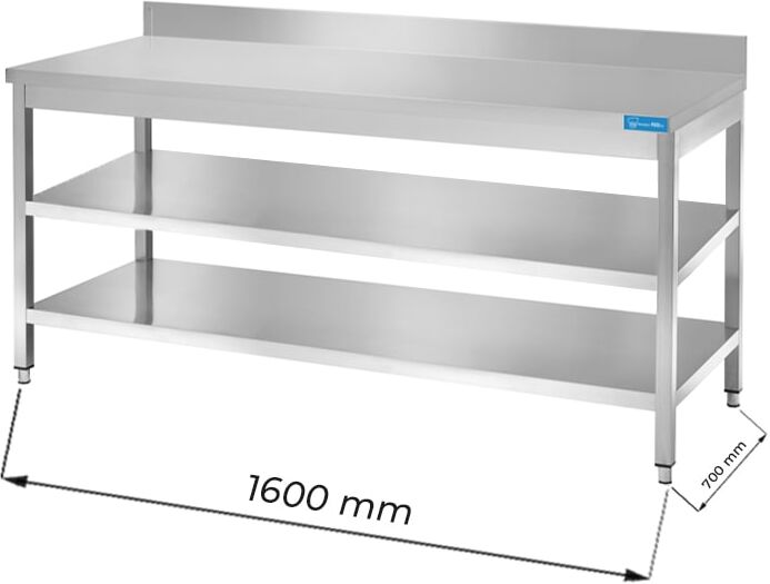 Tavolo aperto in acciaio inox con 2 ripiani con alzatina L1600xP700xH850 mm linea basic