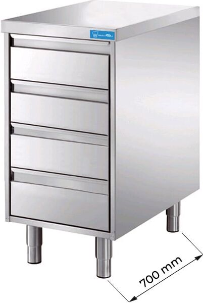 Cassettiera in acciaio inox con 4 cassetti e top di lavoro senza alzatina L500xP700xH850 mm linea basic