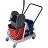 Carrello per pulizie con strizzatore, dotato di due secchi da 25 litri.