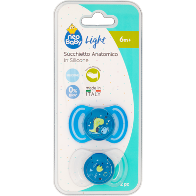 NEOBABY - Neo Baby Light Succhietto Anatomico in Silicone 6m+ Dino Blu 2 Pezzi - Blu - Silicone - Pacifier NEOBABY - Neo Baby Light Succhietto Anatomico in Silicone 6m+ Dino Blu 2 Pezzi - Blu - Silicone - Pacifier