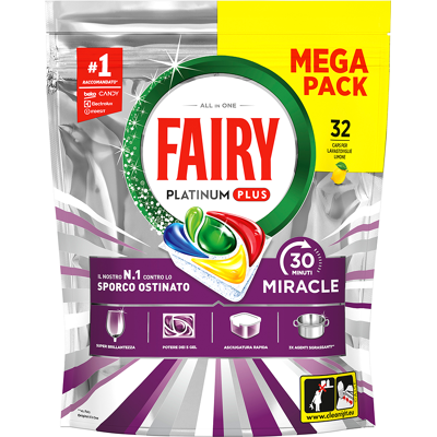 Fairy Miracle Yellow–Pastiglie per Lavastoviglie Tutto‑in‑1 al Limone 32 Caps - Fairy Miracle Yellow–Pastiglie per Lavastoviglie Tutto‑in‑1 al Limone 32 Caps -