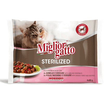 Migliorgatto Sterilized Bocconcini in Salsa con Agnello e Verdure, Pollo, Tacchino e Verdure 4 Buste 85 g - Migliorgatto Sterilized Bocconcini in Salsa con Agnello e Verdure, Pollo, Tacchino e Verdure 4 Buste 85 g -