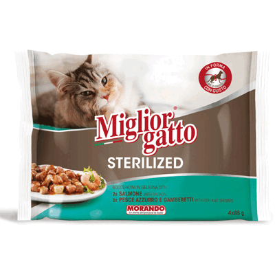 Migliorgatto Bocconcini Sterilized in Gelatina con Salmone, Pesce Azzurro e Gamberetti - Cibo per Gatti Migliorgatto Bocconcini Sterilized in Gelatina con Salmone, Pesce Azzurro e Gamberetti - Cibo per Gatti