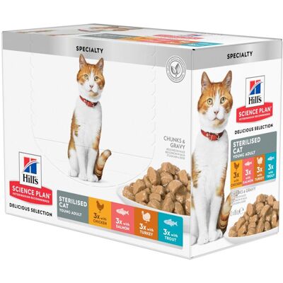 Hill's Science Plan Cat Young Adult Sterilized con Pollo, Salmone, Trota e Tacchino 12x85 gr Hill's Science Plan Cat Young Adult Sterilized con Pollo, Salmone, Trota e Tacchino 12x85 gr