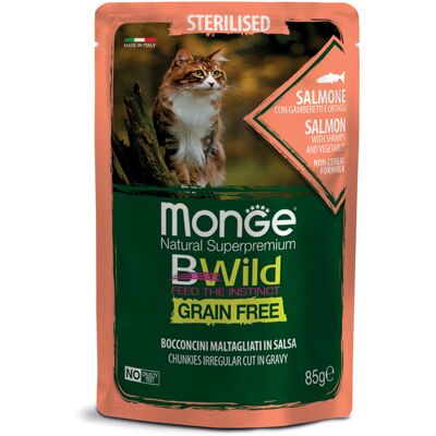 Monge Natural Superpremium BWild per gatti adulti sterilizzati Grain Free Bocconcini Salmone Gamberetti e Ortaggi 85 gr Monge Natural Superpremium BWild per gatti adulti sterilizzati Grain Free Bocconcini Salmone Gamberetti e Ortaggi 85 gr