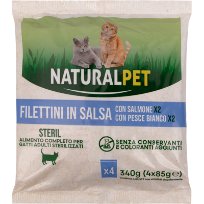 Naturalpet Cat Steril Filettini in salsa con Salmone e Pesce Bianco 4x85 g Naturalpet Cat Steril Filettini in salsa con Salmone e Pesce Bianco 4x85 g