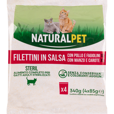 Naturalpet Cat Sterilizzati Filettini in salsa con Pollo e Fagiolini e con Manzo e Carote 4x85 gr Naturalpet Cat Sterilizzati Filettini in salsa con Pollo e Fagiolini e con Manzo e Carote 4x85 gr