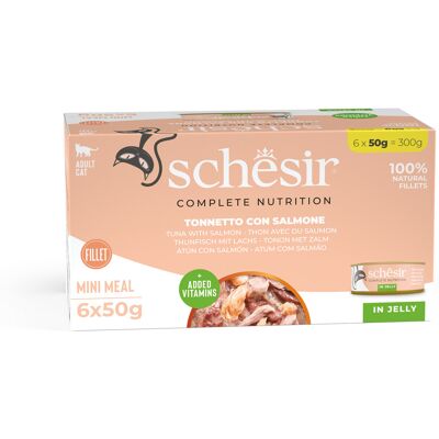 Schesir Complete Nutrition Gatto jelly multipack tonnetto e salmone 6x50g Schesir Complete Nutrition Gatto jelly multipack tonnetto e salmone 6x50g