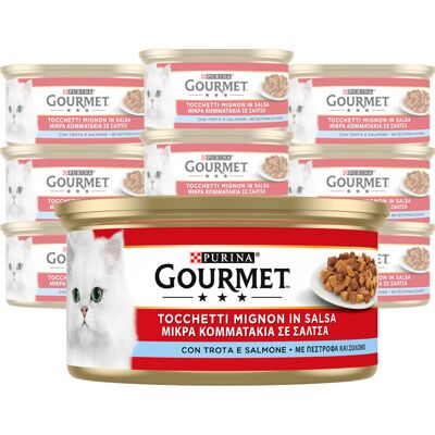 Gourmet Rosso Cat Adult Tocchetti Mignon in Salsa con Salmone e Trota 195 gr Gourmet Rosso Cat Adult Tocchetti Mignon in Salsa con Salmone e Trota 195 gr
