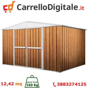 Box in Acciaio Zincato Casetta da Giardino in Lamiera 3.60 x 3.45 m x h2.12 m - 150 KG – 12,42 metri quadri - LEGNO