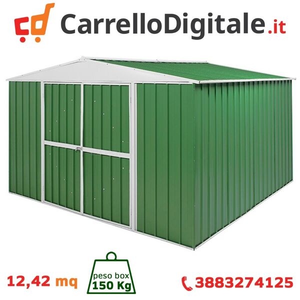 box in acciaio zincato casetta da giardino in lamiera 3.60 x 3.45 m x h2.12 m - 150 kg – 12,42 metri quadri - verde