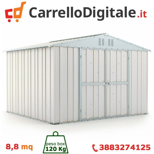 box in acciaio zincato casetta da giardino in lamiera 3.27 x 2.69 m x h2.15 m - 120 kg – 8.80 metri quadri - bianco