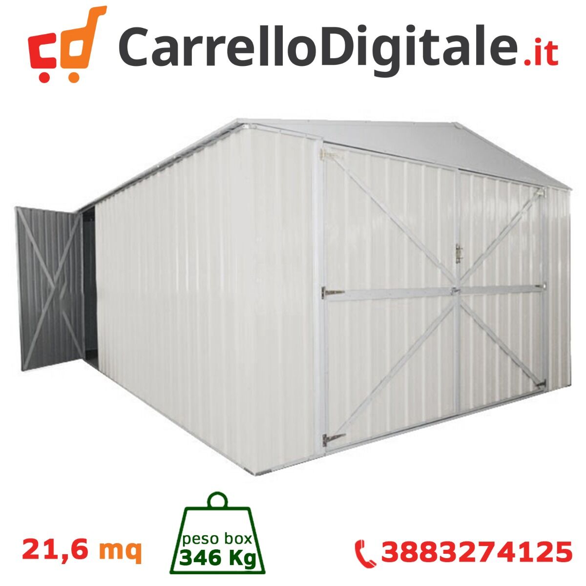 Box in Acciaio Zincato Casetta da Giardino in Lamiera Box Auto 3.60 x 6.00 m x h2.32 m - 346 KG - 21,6 metri quadri - BIANCO